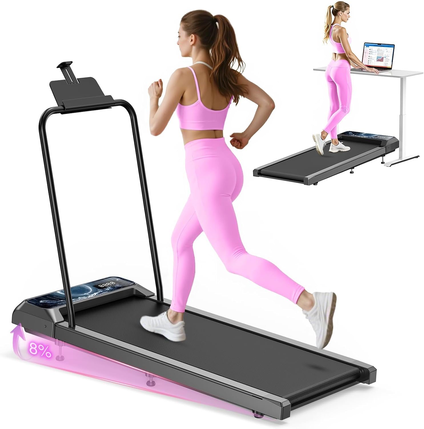 Walking Treadmill Pad with Incline - Portable Under Desk Treadmill, Walking Mat Pad with Handle Bar, 2.5HP Low Noise, 2 in 1 Treadmills for Home Office, Remote Control with LED