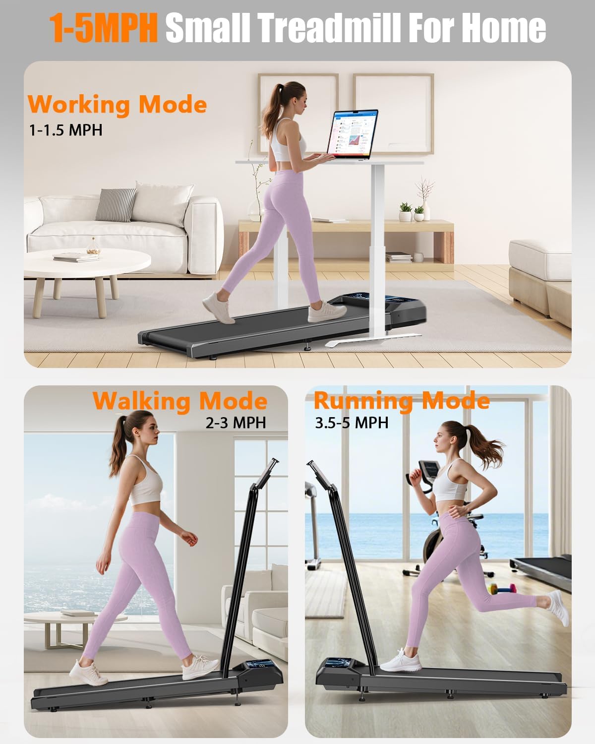 Walking Treadmill Pad with Incline - Portable Under Desk Treadmill, Walking Mat Pad with Handle Bar, 2.5HP Low Noise, 2 in 1 Treadmills for Home Office, Remote Control with LED - Image 3