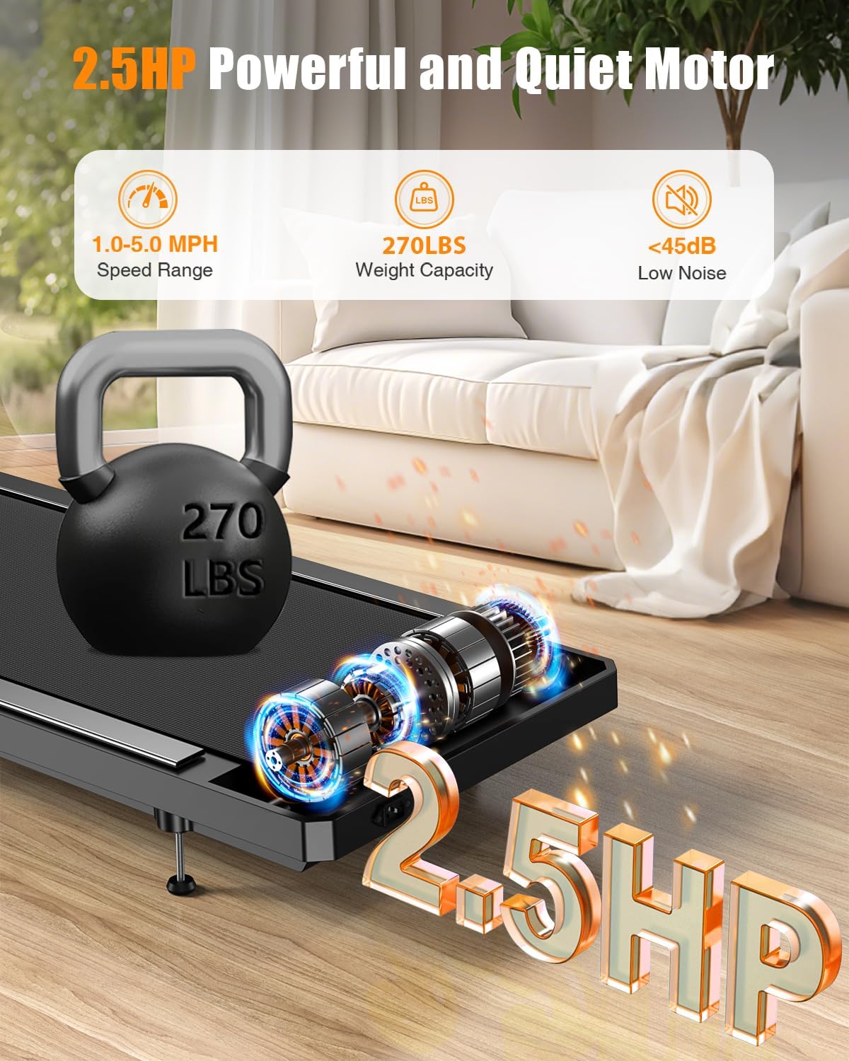 Walking Treadmill Pad with Incline - Portable Under Desk Treadmill, Walking Mat Pad with Handle Bar, 2.5HP Low Noise, 2 in 1 Treadmills for Home Office, Remote Control with LED - Image 4